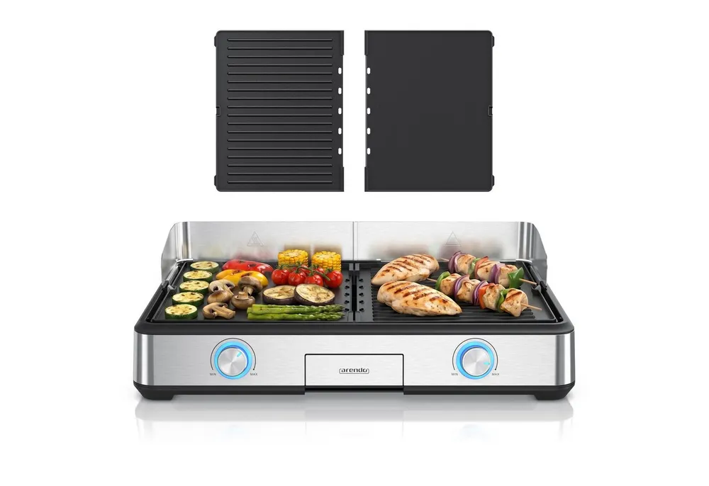 Arendo Tischgrill Gourmet Edelstahl Elektrogrill, 2 Grillzonen, elektrisch, Spritzschutz, 2800 W, Antihaftbeschichtung, Temperaturregelung, für Balkon, Garten & Indoor