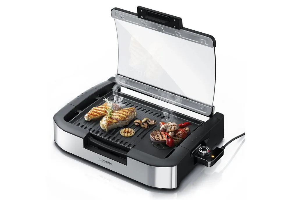 Arendo Tischgrill Gourmet Elektrogrill mit Glasabdeckung, Edelstahl, mit 5 Stufen, 1800 W, Antihaftbeschichtung, Temperaturregelung, für Balkon, Garten & Indoor