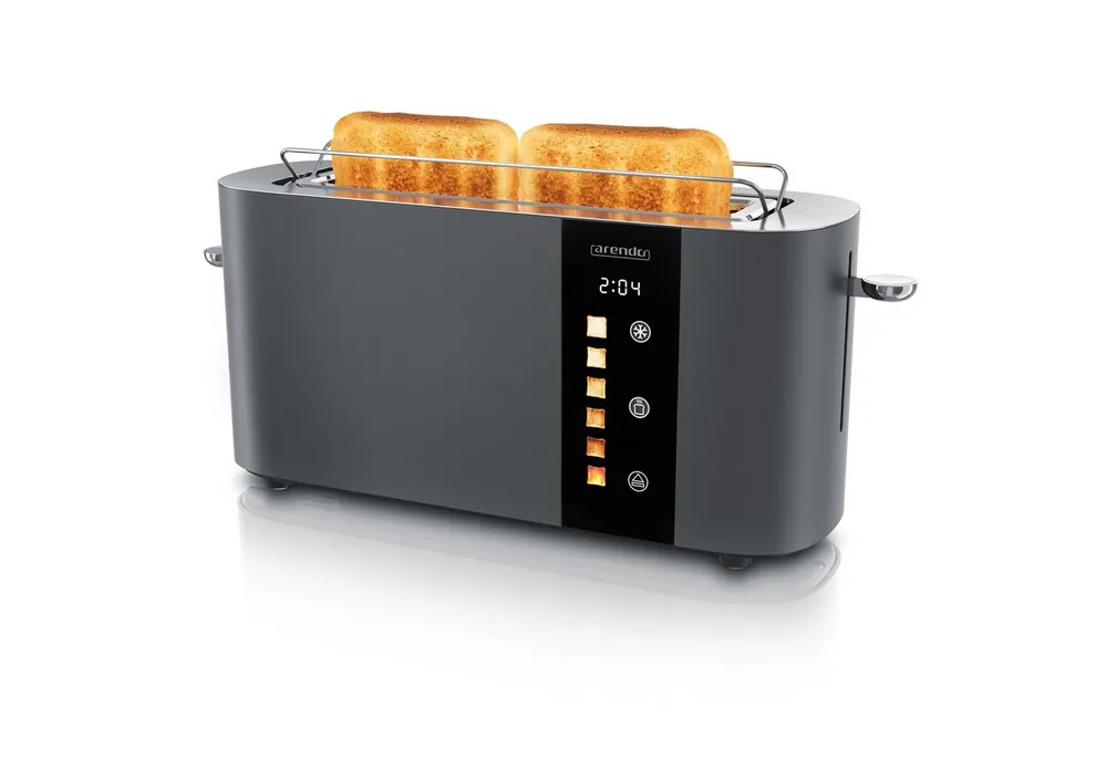 Arendo Toaster 2-Scheiben Edelstahl Langschlitz, Touch, Restzeit Bräunungsgradanzeige, 1 langer Schlitz, für 2 Scheiben, 1000 W, Brötchenaufsatz, Wärmeisoliert, Toast-Symbole für Bräunungsgradauswahl