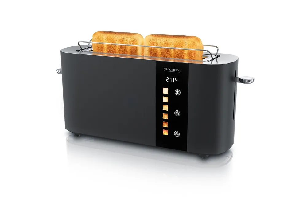 Arendo Toaster 2-Scheiben Edelstahl Langschlitz, Touch, Restzeit Bräunungsgradanzeige, 1 langer Schlitz, für 2 Scheiben, 1000 W, Brötchenaufsatz, Wärmeisoliert, Toast-Symbole für Bräunungsgradauswahl
