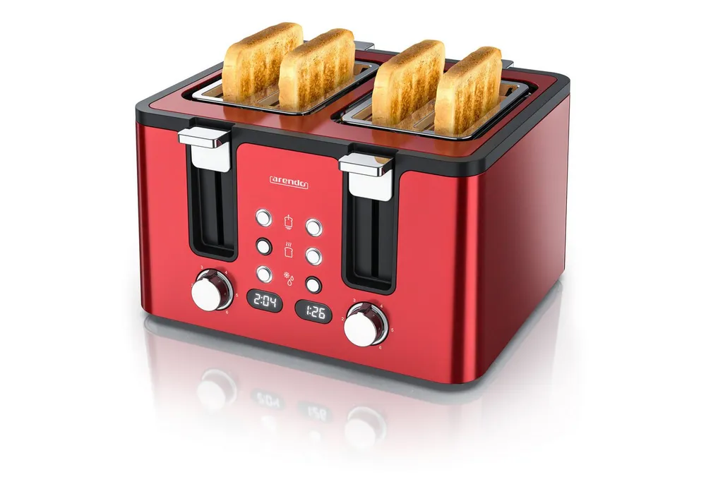Arendo Toaster 4-Scheiben, Edelstahl, Brötchenaufsatz, Restzeitanzeige, Rot, 4 kurze Schlitze, für 4 Scheiben, 1750 W, Doppelwandgehäuse, Defrost Funktion, Krümelschublade, 6 Bräunungsgrade
