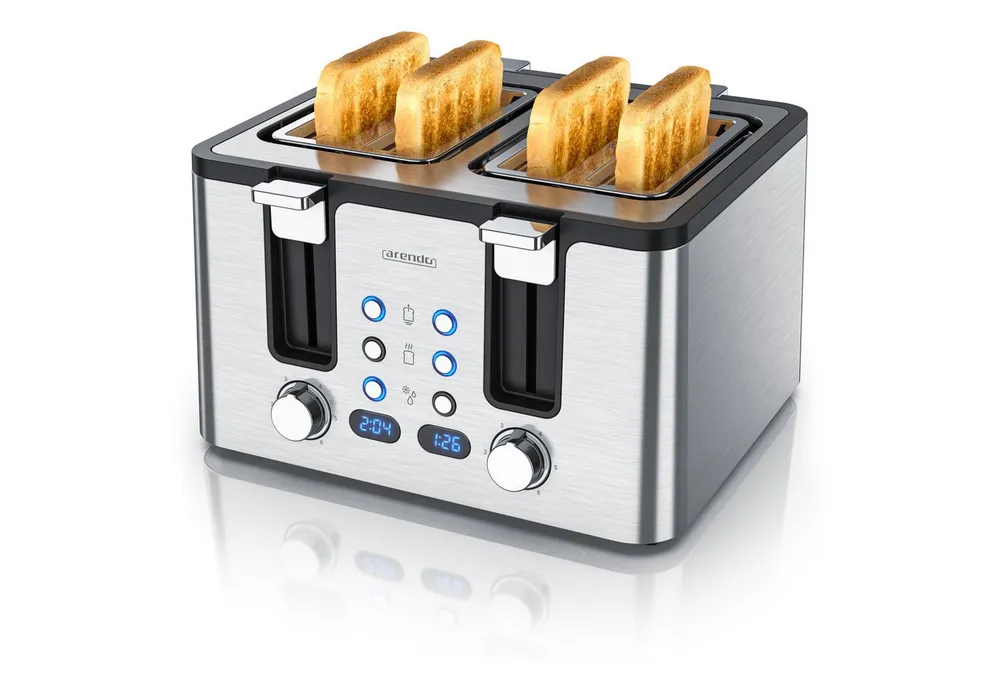 Arendo Toaster 4-Scheiben, Edelstahl, Brötchenaufsatz, Restzeitanzeige, Silber, 4 kurze Schlitze, für 4 Scheiben, 1750 W, Doppelwandgehäuse, Defrost Funktion, Krümelschublade, 6 Bräunungsgrade