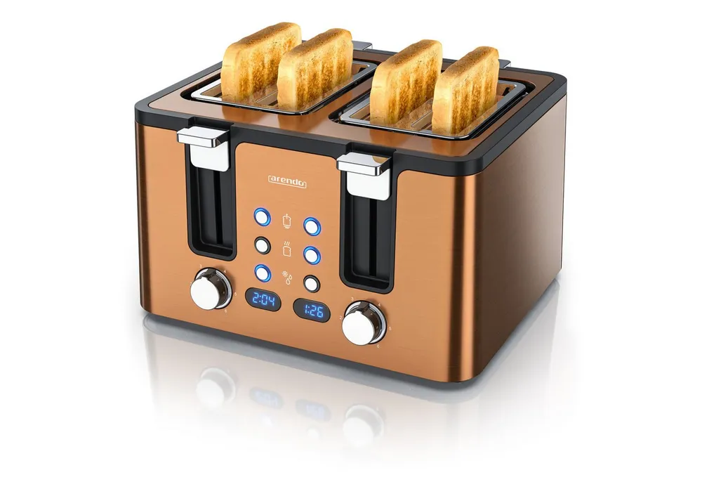 Arendo Toaster 4-Scheiben, Edelstahl, Brötchenaufsatz, Restzeitanzeige, Kupfer, 4 kurze Schlitze, für 4 Scheiben, 1750 W, Doppelwandgehäuse, Defrost Funktion, Krümelschublade, 6 Bräunungsgrade