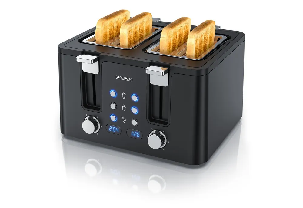 Arendo Toaster 4-Scheiben, Edelstahl, Brötchenaufsatz, Restzeitanzeige, Schwarz, 4 kurze Schlitze, für 4 Scheiben, 1750 W, Doppelwandgehäuse, Defrost Funktion, Krümelschublade, 6 Bräunungsgrade