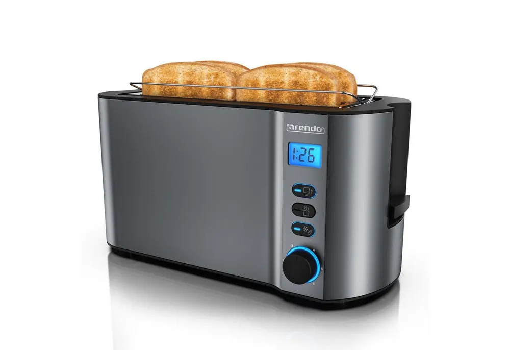 Arendo Toaster Display mit Restzeitanzeige, Edelstahl, Langschlitz, Krümelschublade, 2 lange Schlitze, für 4 Scheiben, 1500 W, Defrost Funktion, Wärmeisolierendes Gehäuse, mit Brötchenaufsatz