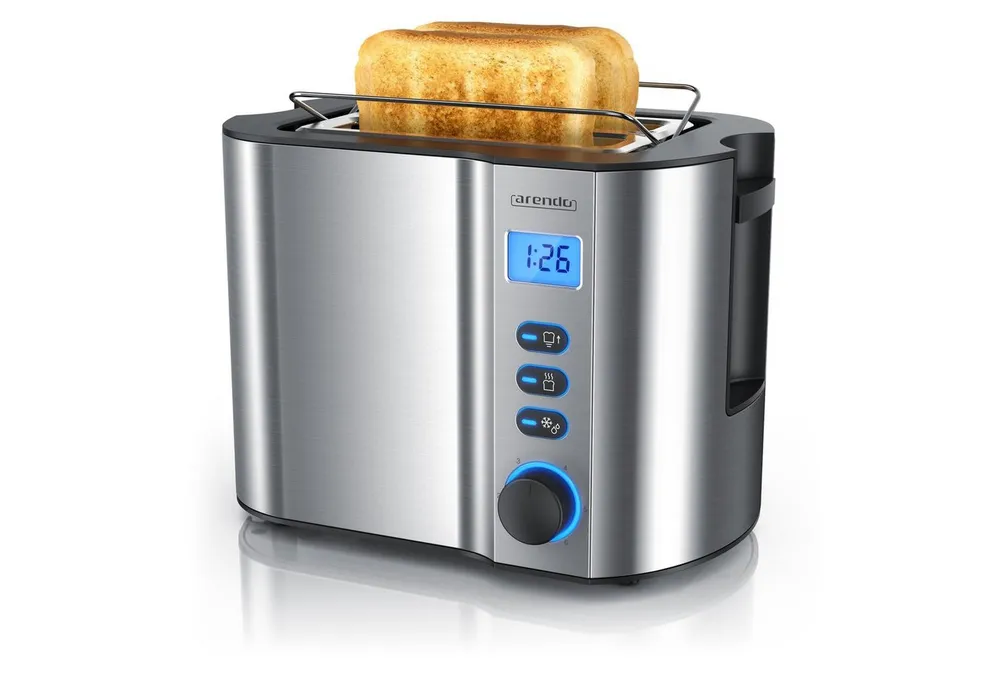 Arendo Toaster Edelstahl, 2 Scheiben Kurz, Kurzschlitz, Display, Restzeitanzeige, 2 kurze Schlitze, für 2 Scheiben, 800 W, Integrierter Brötchenaufsatz, Doppelwandgehäuse Wärmeisoliert