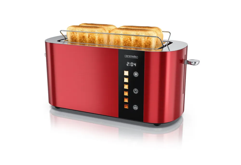 Arendo Toaster Edelstahl 4-Scheiben Langschlitz, Touch, Restzeit Bräunungsgradanzeige, 2 lange Schlitze, für 4 Scheiben, 1500 W, Brötchenaufsatz, Wärmeisoliert, Toast-Symbole für Bräunungsgradauswahl