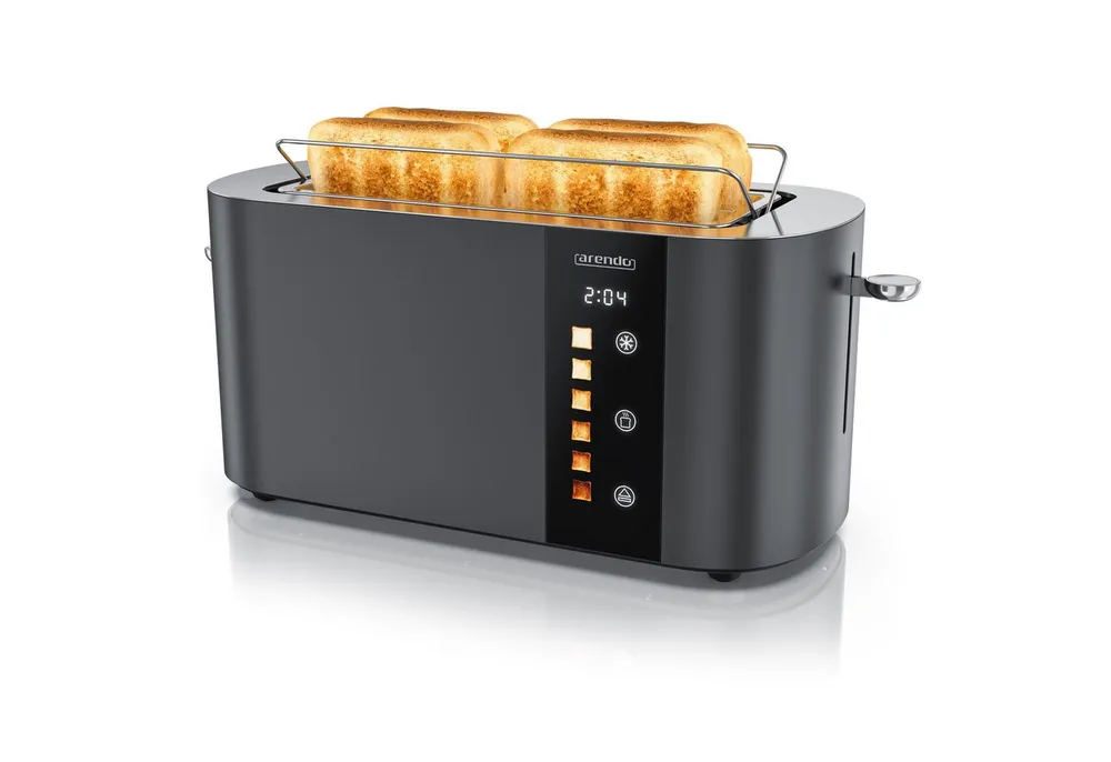 Arendo Toaster Edelstahl 4-Scheiben Langschlitz, Touch, Restzeit Bräunungsgradanzeige, 2 lange Schlitze, für 4 Scheiben, 1500 W, Brötchenaufsatz, Wärmeisoliert, Toast-Symbole für Bräunungsgradauswahl