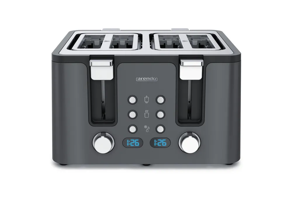 Arendo Toaster Edelstahl, Brötchenaufsatz, Restzeitanzeige, Cool Grey Design, 4 kurze Schlitze, für 4 Scheiben, 1750 W, Doppelwandgehäuse, Defrost Funktion, Krümelschublade, 6 Bräunungsgrade