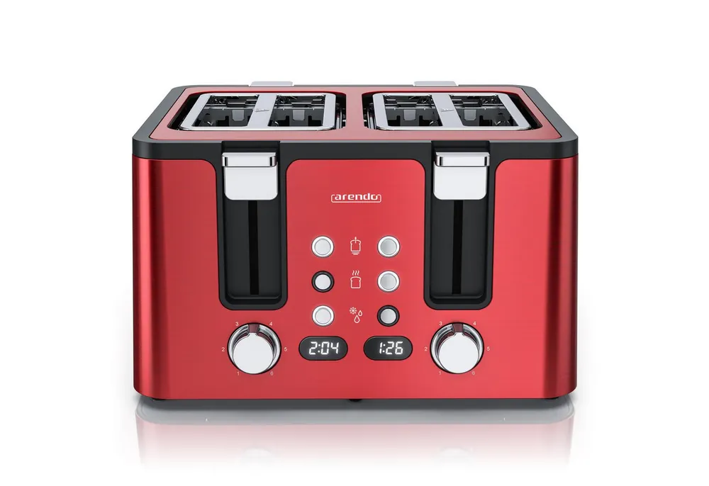 Arendo Toaster Edelstahl, Brötchenaufsatz, Restzeitanzeige, Rot, 4 kurze Schlitze, für 4 Scheiben, 1750 W, Doppelwandgehäuse, Defrost Funktion, Krümelschublade, 6 Bräunungsgrade