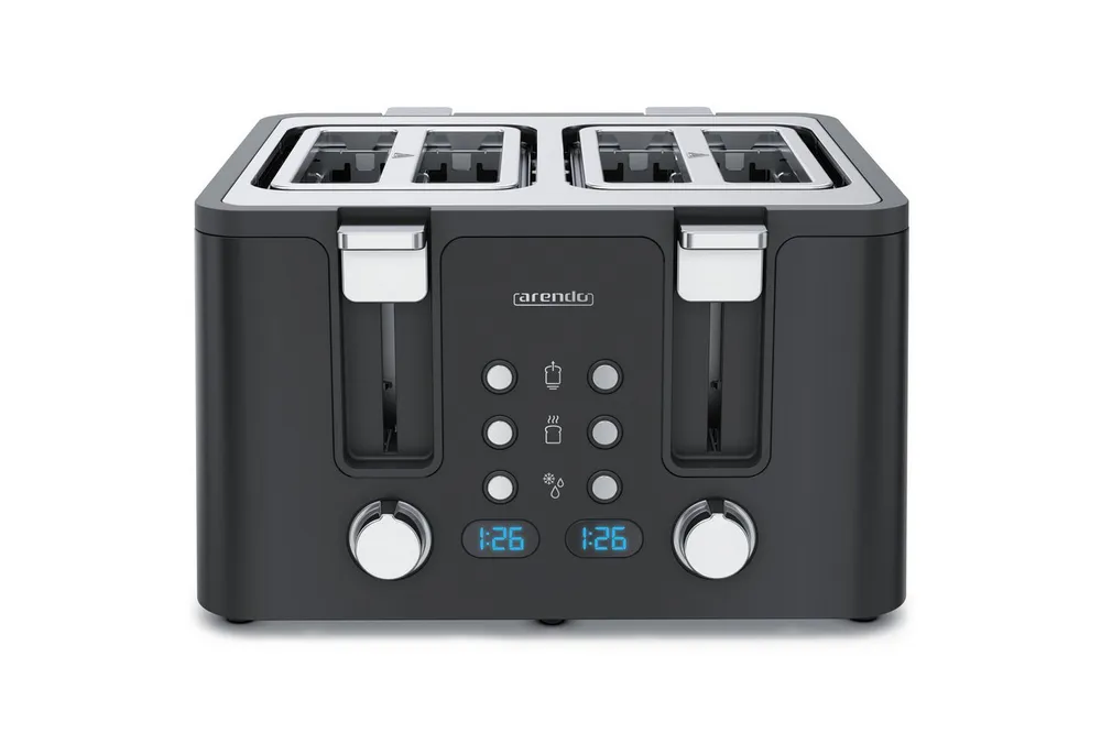 Arendo Toaster Edelstahl, Brötchenaufsatz, Restzeitanzeige, Schwarz, 4 kurze Schlitze, für 4 Scheiben, 1750 W, Doppelwandgehäuse, Defrost Funktion, Krümelschublade, 6 Bräunungsgrade