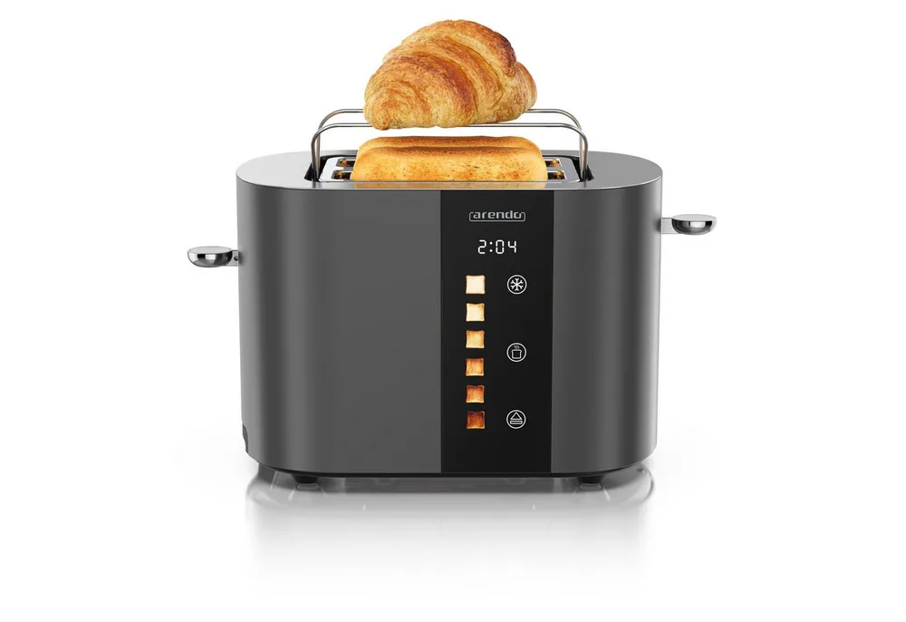 Arendo Toaster Edelstahl, Kurzschlitz, Touch Display, Restzeit & Bräunungsgradanzeige, 2 Schlitze, für 2 Scheiben, 800 W, Brötchenaufsatz, Wärmeisoliert, Toast-Symbole für Bräunungsgradauswahl