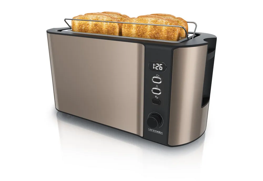 Arendo Toaster Edelstahl, Langschlitz, Display mit Restzeitanzeige, Krümelschublade, 2 lange Schlitze, für 4 Scheiben, 1500 W, Defrost Funktion, Wärmeisolierendes Gehäuse, mit Brötchenaufsatz
