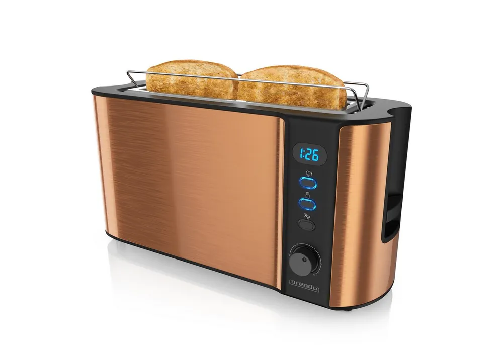 Arendo Toaster Edelstahl, Langschlitz, Display mit Restzeitanzeige, Brötchenaufsatz, 1 langer Schlitz, für 2 Scheiben, 1000 W, Defrost Funktion, Wärmeisolierendes Gehäuse, Krümelschublade