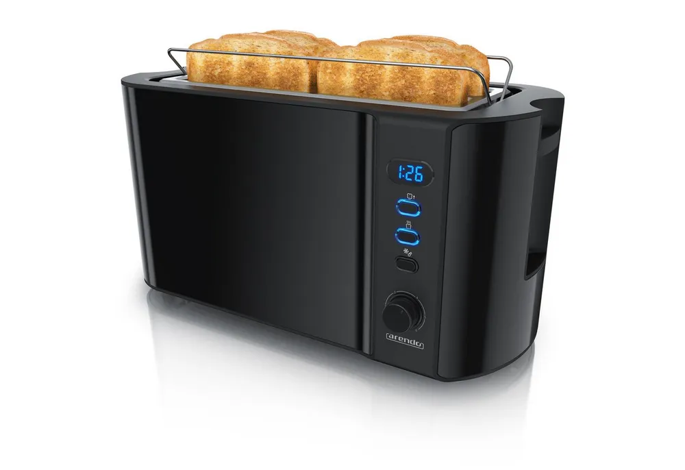 Arendo Toaster Edelstahl, Langschlitz, Display mit Restzeitanzeige, Krümelschublade, 2 lange Schlitze, für 4 Scheiben, 1500 W, Defrost Funktion, Wärmeisolierendes Gehäuse, mit Brötchenaufsatz