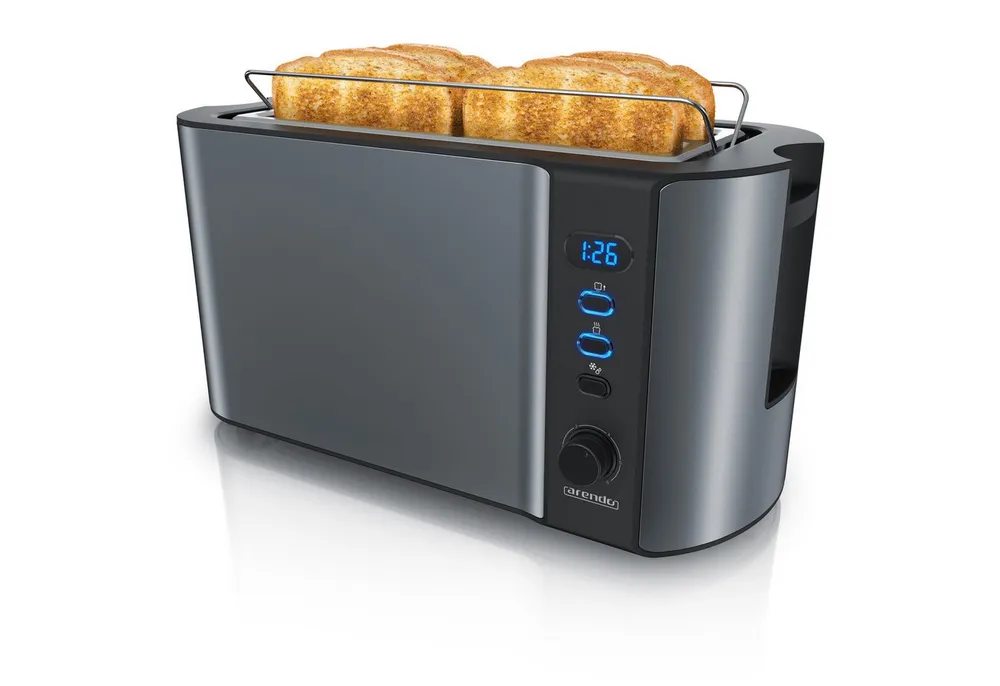 Arendo Toaster Edelstahl, Langschlitz, Display mit Restzeitanzeige, Krümelschublade, 2 lange Schlitze, für 4 Scheiben, 1500 W, Defrost Funktion, Wärmeisolierendes Gehäuse, mit Brötchenaufsatz