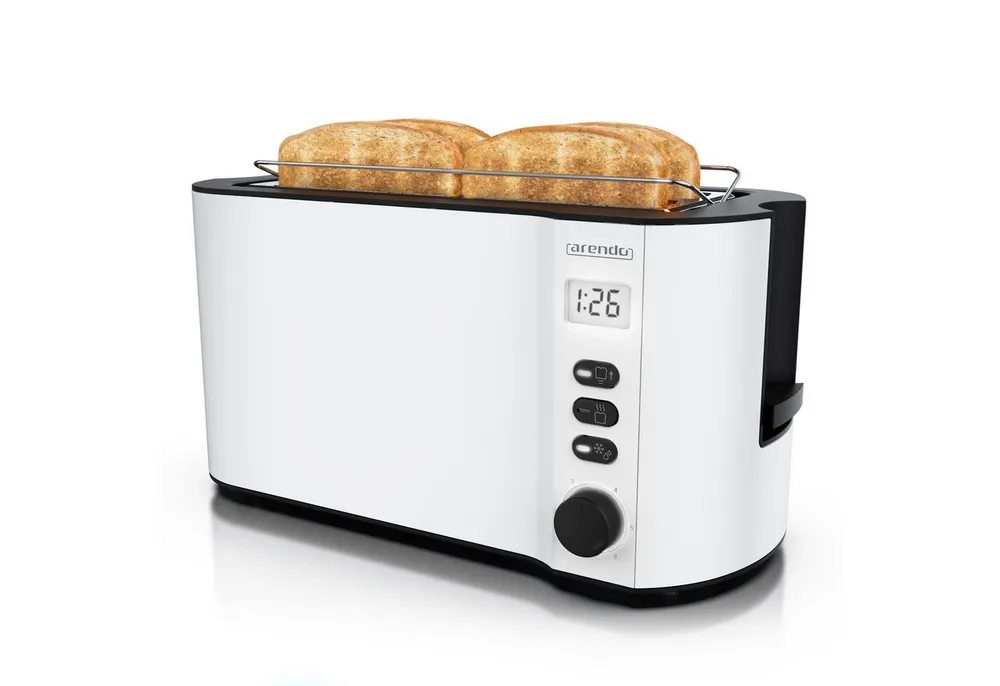 Arendo Toaster Edelstahl, Langschlitz, Display mit Restzeitanzeige, Krümelschublade, 2 lange Schlitze, für 4 Scheiben, 1500 W, Defrost Funktion, Wärmeisolierendes Gehäuse, mit Brötchenaufsatz