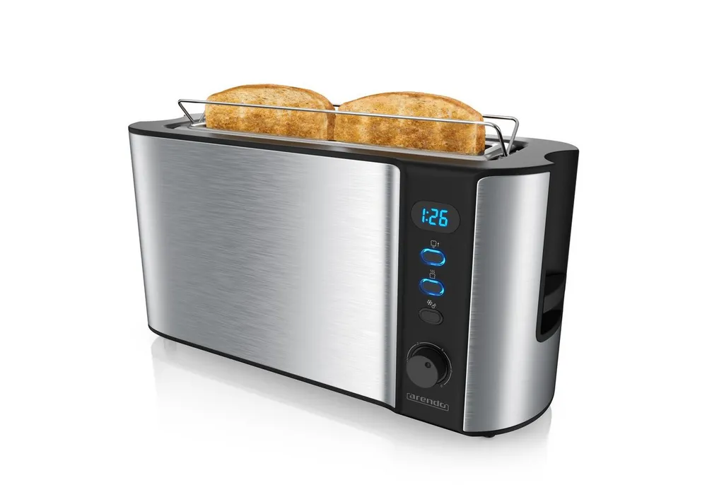 Arendo Toaster Edelstahl, Langschlitz, Display mit Restzeitanzeige, Brötchenaufsatz, 1 langer Schlitz, für 2 Scheiben, 1000 W, Defrost Funktion, Wärmeisolierendes Gehäuse, Krümelschublade