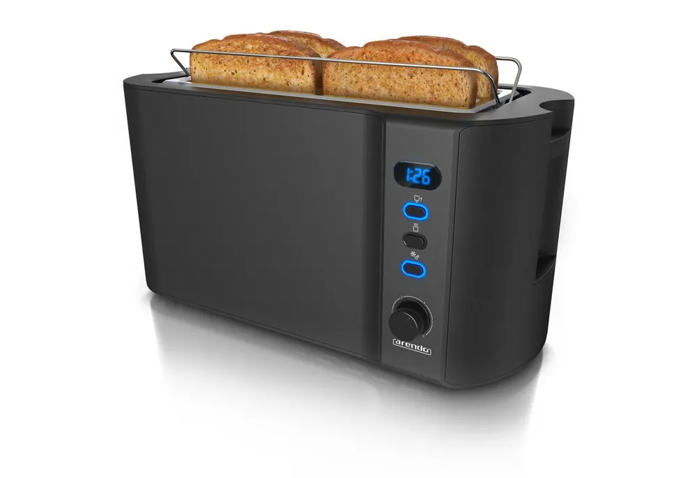 Arendo Toaster Edelstahl, Langschlitz, Display mit Restzeitanzeige, Krümelschublade, 2 lange Schlitze, für 4 Scheiben, 1500 W, Defrost Funktion, Wärmeisolierendes Gehäuse, mit Brötchenaufsatz