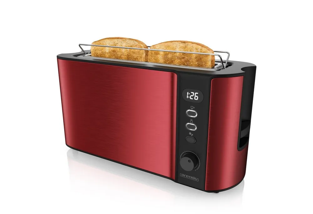 Arendo Toaster Edelstahl, Langschlitz, Display mit Restzeitanzeige, Brötchenaufsatz, 1 langer Schlitz, für 2 Scheiben, 1000 W, Defrost Funktion, Wärmeisolierendes Gehäuse, Krümelschublade