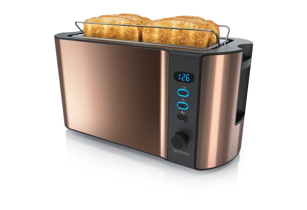 Arendo Toaster Edelstahl, Langschlitz, Display mit Restzeitanzeige, Krümelschublade, 2 lange Schlitze, für 4 Scheiben, 1500 W, Defrost Funktion, Wärmeisolierendes Gehäuse, mit Brötchenaufsatz