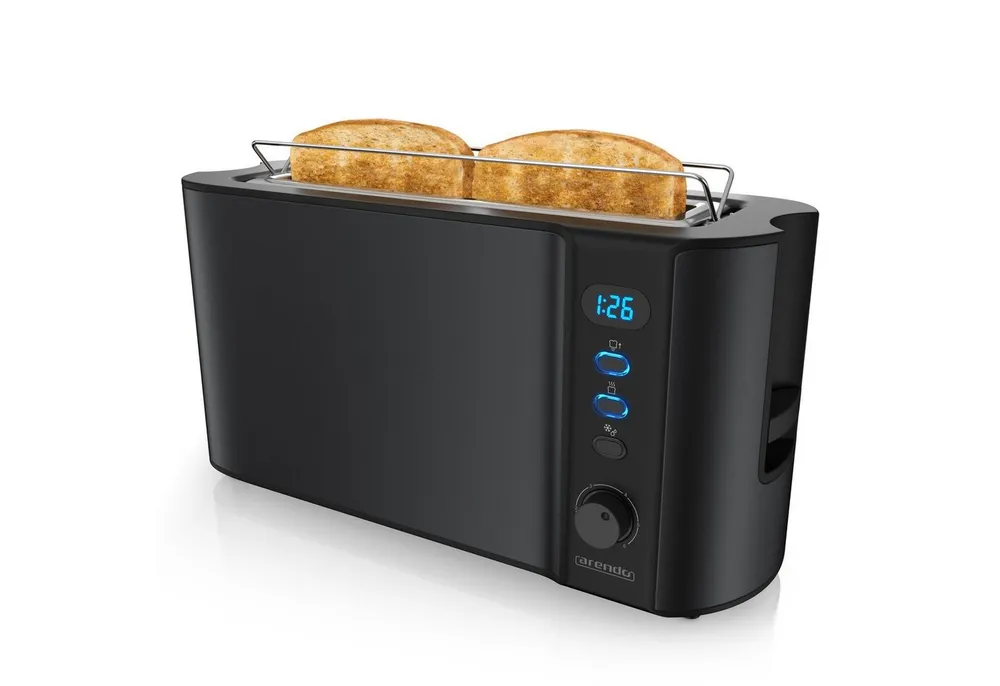Arendo Toaster Edelstahl, Langschlitz, Display mit Restzeitanzeige, Brötchenaufsatz, 1 langer Schlitz, für 2 Scheiben, 1000 W, Defrost Funktion, Wärmeisolierendes Gehäuse, Krümelschublade