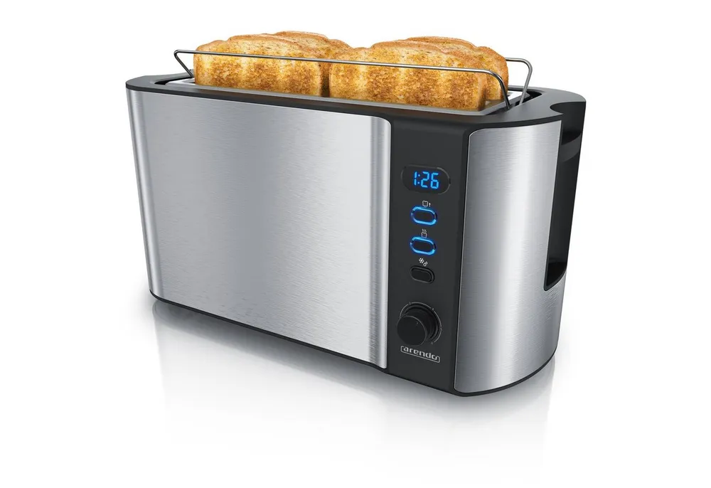 Arendo Toaster Edelstahl, Langschlitz, Display mit Restzeitanzeige, Krümelschublade, 2 lange Schlitze, für 4 Scheiben, 1500 W, Defrost Funktion, Wärmeisolierendes Gehäuse, mit Brötchenaufsatz