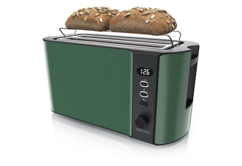 Arendo Toaster Edelstahl, Langschlitz, Display mit Restzeitanzeige, Krümelschublade, 2 lange Schlitze, für 4 Scheiben, 1500 W, Defrost Funktion, Wärmeisolierendes Gehäuse, mit Brötchenaufsatz