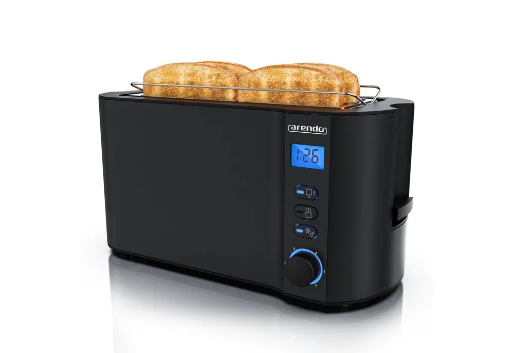 Arendo Toaster Edelstahl, Langschlitz, Display mit Restzeitanzeige, Krümelschublade, 2 lange Schlitze, für 4 Scheiben, 1500 W, Defrost Funktion, Wärmeisolierendes Gehäuse, mit Brötchenaufsatz