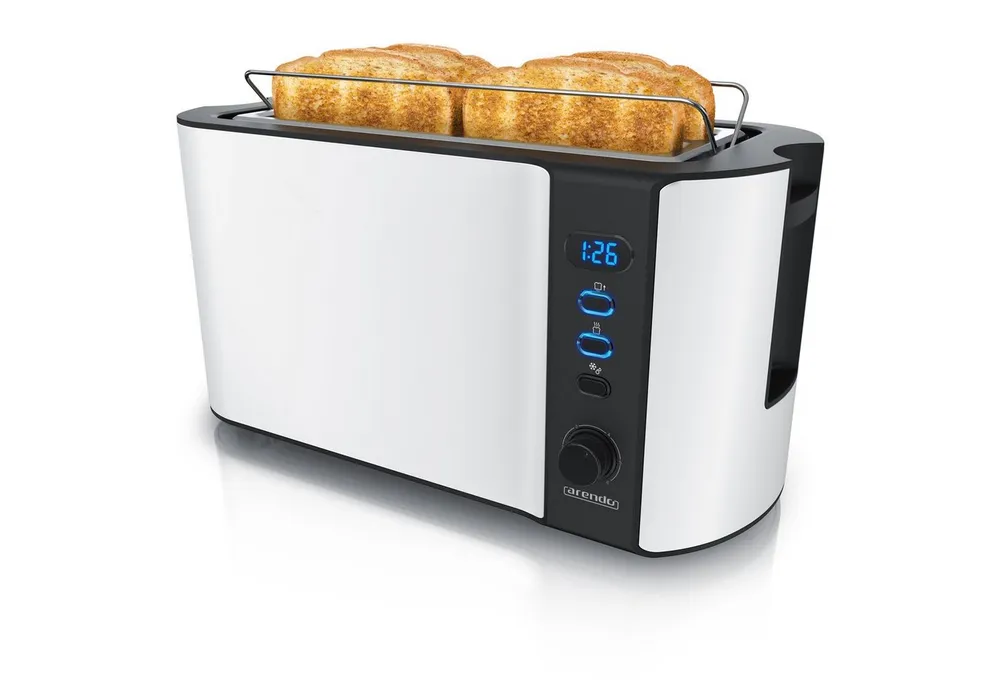 Arendo Toaster Edelstahl, Langschlitz, Display mit Restzeitanzeige, Krümelschublade, 2 lange Schlitze, für 4 Scheiben, 1500 W, Defrost Funktion, Wärmeisolierendes Gehäuse, mit Brötchenaufsatz