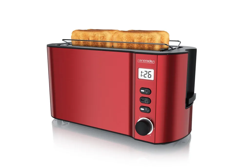 Arendo Toaster Edelstahl, Langschlitz, Display mit Restzeitanzeige, Krümelschublade, 2 lange Schlitze, für 4 Scheiben, 1500 W, Defrost Funktion, Wärmeisolierendes Gehäuse, mit Brötchenaufsatz