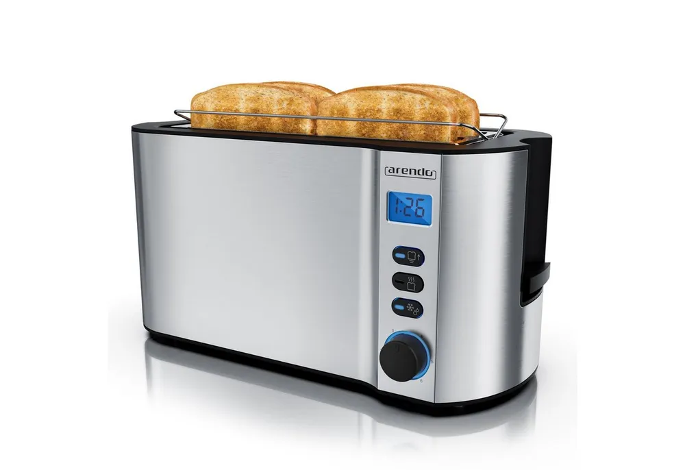Arendo Toaster Edelstahl, Langschlitz, Display mit Restzeitanzeige, Krümelschublade, 2 lange Schlitze, für 4 Scheiben, 1500 W, Defrost Funktion, Wärmeisolierendes Gehäuse, mit Brötchenaufsatz