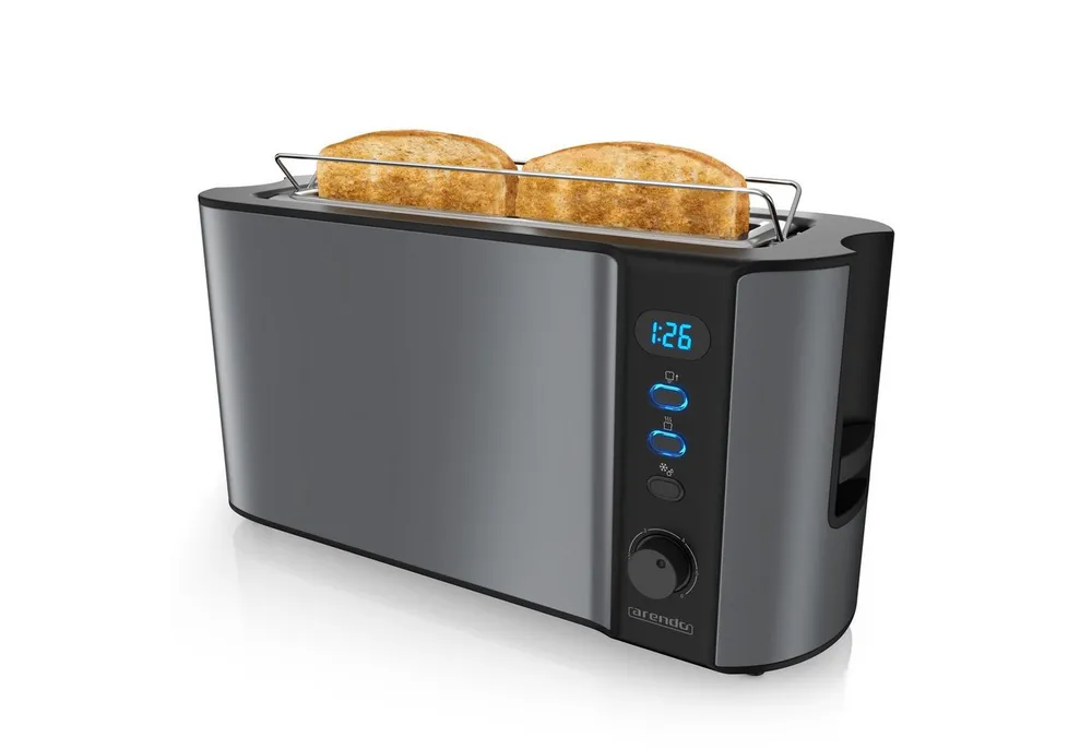 Arendo Toaster Edelstahl, Langschlitz, Display mit Restzeitanzeige, Brötchenaufsatz, 1 langer Schlitz, für 2 Scheiben, 1000 W, Defrost Funktion, Wärmeisolierendes Gehäuse, Krümelschublade