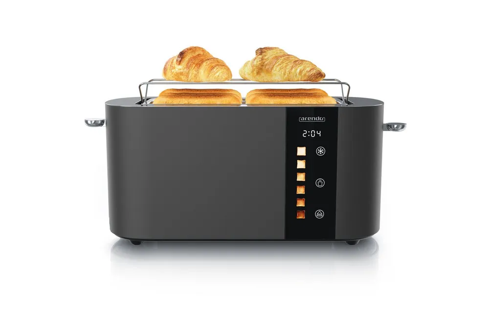 Arendo Toaster Edelstahl, Langschlitz, Touch Display, Restzeit & Bräunungsgradanzeige, 2 lange Schlitze, für 4 Scheiben, 1500 W, Brötchenaufsatz, Wärmeisoliert, Toast-Symbole für Bräunungsgradauswahl