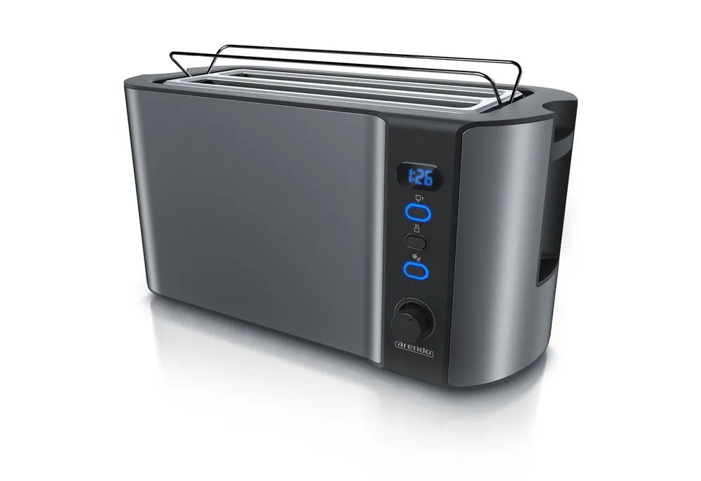 Arendo Toaster Langschlitz, Display mit Restzeitanzeige, Krümelschublade, Edelstahl, 2 lange Schlitze, für 4 Scheiben, 1500 W, Wärmeisolierendes Gehäuse mit Brötchenaufsatz, Defrost Funktion
