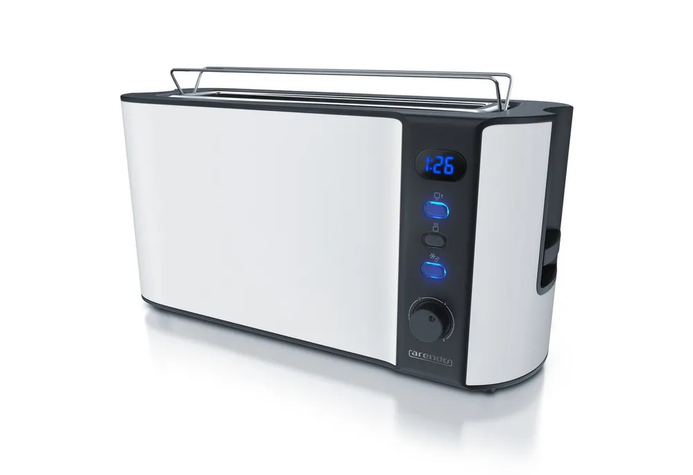 Arendo Toaster Langschlitz, Edelstahl, Display mit Restzeitanzeige, Brötchenaufsatz, 1 langer Schlitz, für 2 Scheiben, 1000 W, Defrost Funktion, Wärmeisolierendes Gehäuse, Krümelschublade