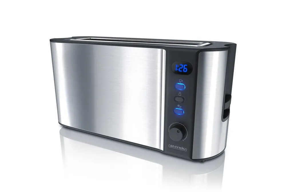 Arendo Toaster Langschlitz, Edelstahl, Display mit Restzeitanzeige, Brötchenaufsatz, 1 langer Schlitz, für 2 Scheiben, 1000 W, Defrost Funktion, Wärmeisolierendes Gehäuse, Krümelschublade