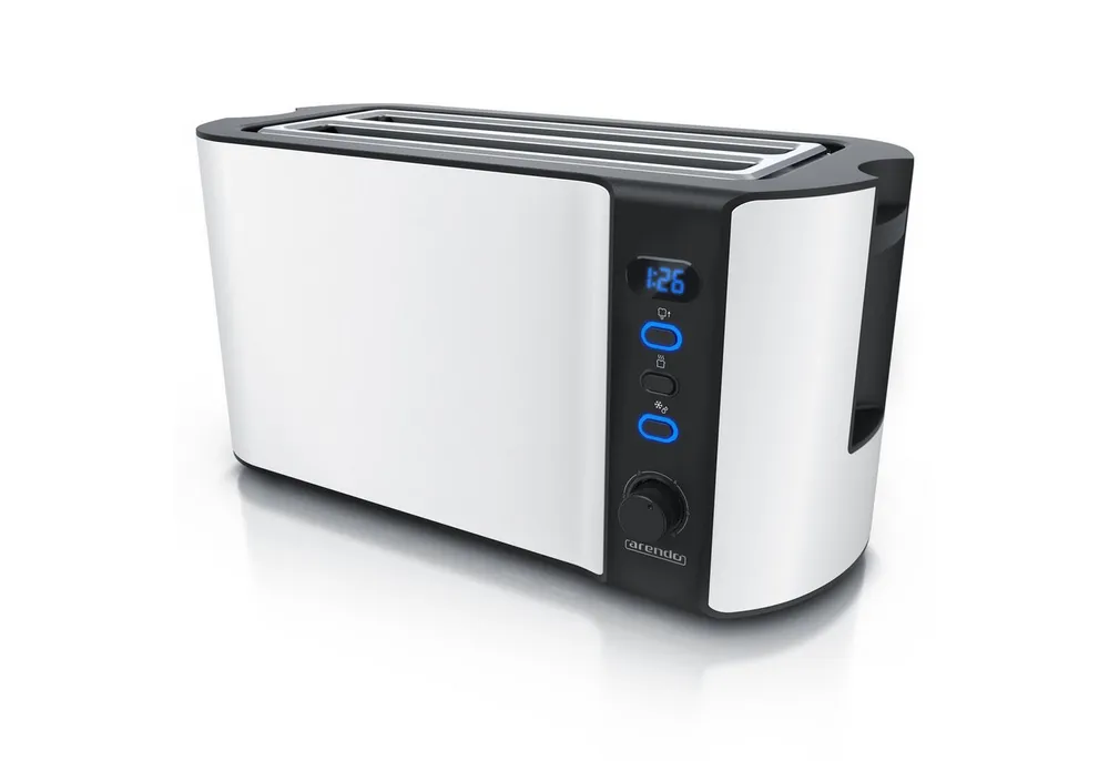 Arendo Toaster Langschlitz, Edelstahl, Display mit Restzeitanzeige, Krümelschublade, 2 lange Schlitze, für 4 Scheiben, 1500 W, Defrost Funktion, Wärmeisolierendes Gehäuse, mit Brötchenaufsatz