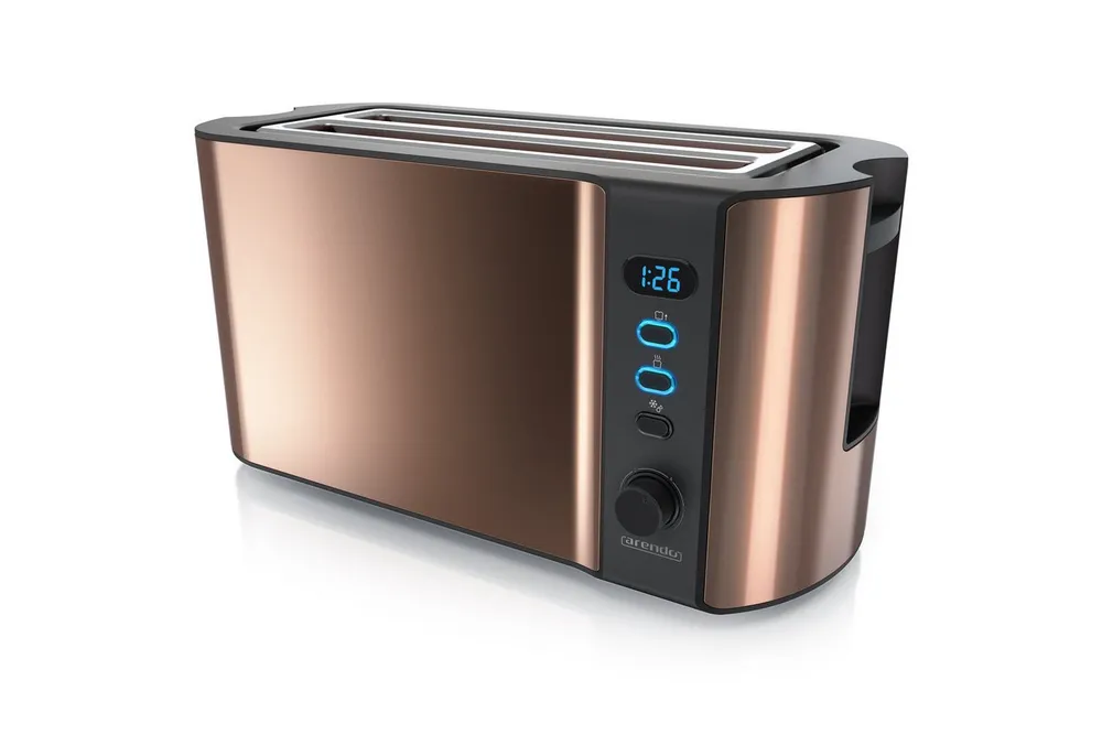 Arendo Toaster Langschlitz, Edelstahl, Display mit Restzeitanzeige, Krümelschublade, 2 lange Schlitze, für 4 Scheiben, 1500 W, Defrost Funktion, Wärmeisolierendes Gehäuse, mit Brötchenaufsatz