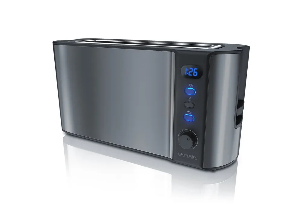 Arendo Toaster Langschlitz, Edelstahl, Display mit Restzeitanzeige, Brötchenaufsatz, 1 langer Schlitz, für 2 Scheiben, 1000 W, Wärmeisolierendes Gehäuse, Defrost Funktion, Krümelschublade