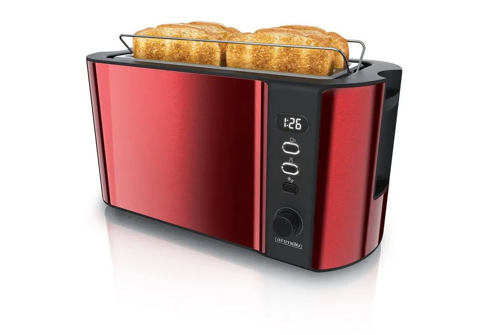 Arendo Toaster Langschlitz, Edelstahl, Display mit Restzeitanzeige, Krümelschublade, 2 lange Schlitze, für 4 Scheiben, 1500 W, Defrost Funktion, Wärmeisolierendes Gehäuse, mit Brötchenaufsatz