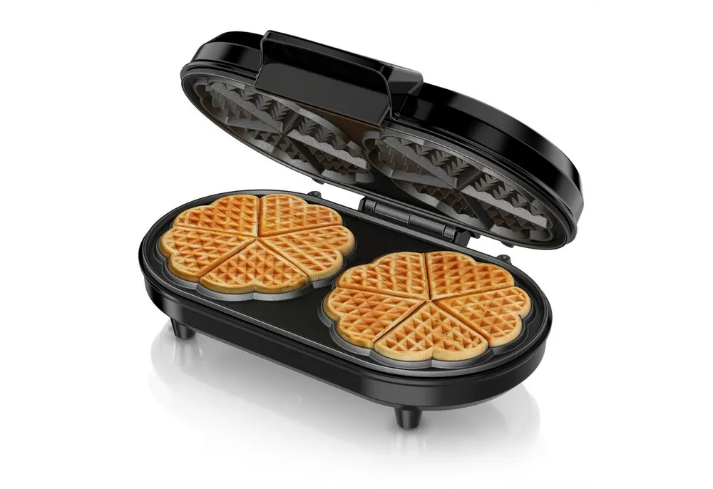 Arendo Waffeleisen Doppel Waffelautomat für 2 Herzwaffeln, Antihaftbeschichtung, Regler, 1000 W, Duo Waffel Maker, Temperaturregler, Doppelwaffeleisen, Waffelbackgerät