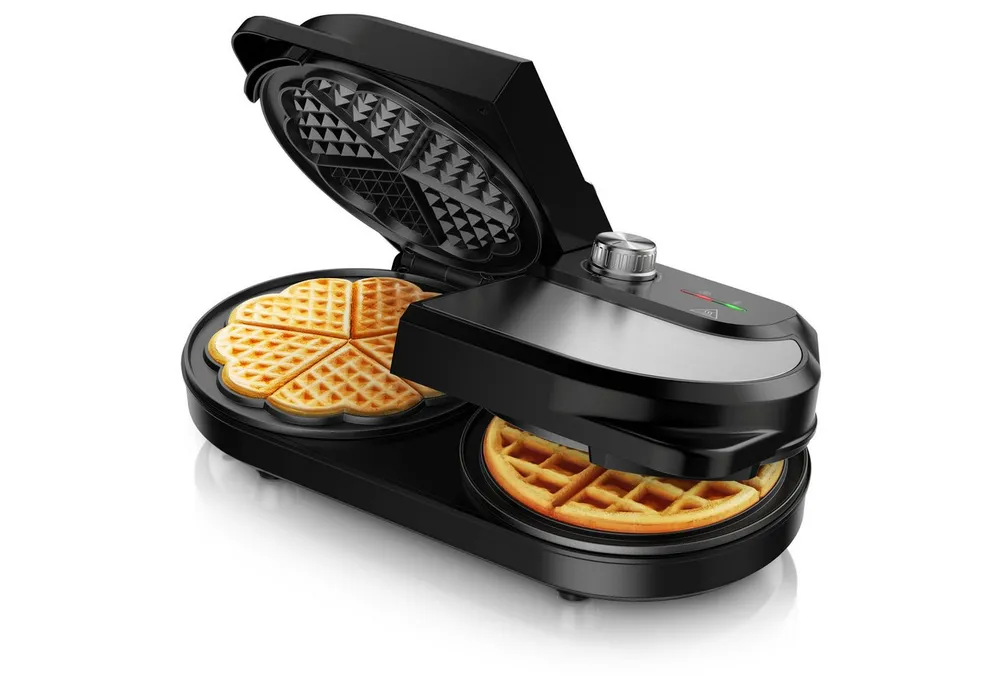 Arendo Waffeleisen Duo-Waffelautomat mit 2x Waffelplatten (Belgische Waffeln & Herzform), 1400 W, Stufenloser Temperaturregler, Antihaftbeschichtet, Edelstahl, BPA frei