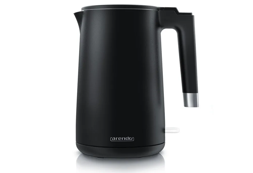 Arendo Wasserkocher aus Edelstahl, 360° Controller, Doppelwand-Design, schwarz matt, 1,5 l, 2000 W, Teekocher, Überhitzungs- und Trockengehschutz, BPA-frei