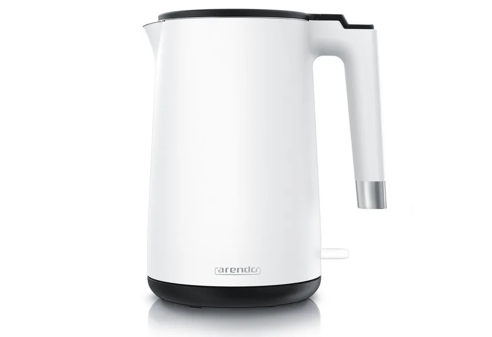 Arendo Wasserkocher aus Edelstahl, 360° Controller, Doppelwand-Design, weiß matt, 1,5 l, 2000 W, Teekocher, Überhitzungs- und Trockengehschutz, BPA-frei