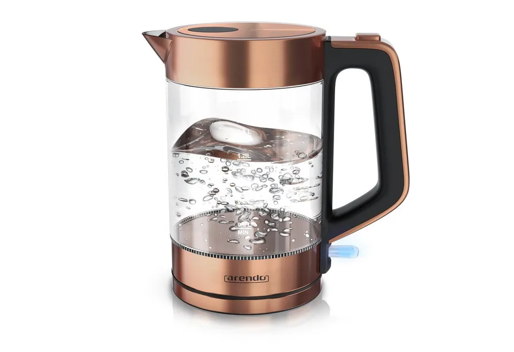 Arendo Wasserkocher aus Glas & Edelstahl, Cool-Touch-Griff, Füllstandsanzeige, Kupfer, 1,7 l, 2200 W, Überhitzungsschutz, One Touch Verschluss, automatische Abschaltung