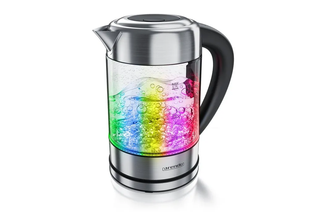 Arendo Wasserkocher aus Glas & Edelstahl, mit Temperatureinstellung, RGB Beleuchtung, 1,7 l, 2200 W, Glaskörper, Temperaturwahl 40-100°C, Aufkochfunktion Warmhaltefunktion