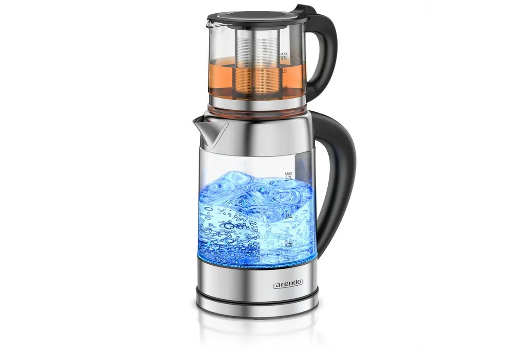 Arendo Wasserkocher aus Glas & Edelstahl, mit Temperatureinstellung und Teesieb, Teekocher, 1,7 l, 2200 W, Temperaturwahl 40 - 100 °C, Warmhaltefunktion, LED‑Farbring, BPA‑frei