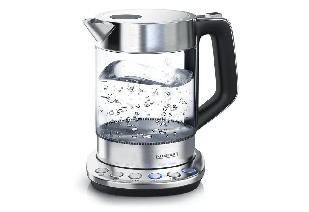 Arendo Wasserkocher aus Glas & Edelstahl, mit Temperatureinstellung, Basisstation, 1,5 l, 2200 W, Temperatureinstellung 70° - 100° C, Warmhaltefunktion, Borosilikatglas
