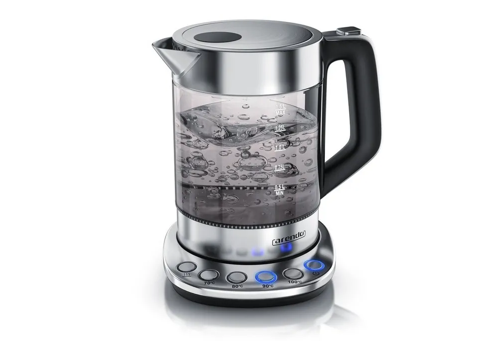 Arendo Wasserkocher aus Glas & Edelstahl, Temperatureinstellung, Basisstation, Rauchglas, 1,5 l, 2200 W, Temperatureinstellung 70° - 100° C, Warmhaltefunktion, Borosilikatglas